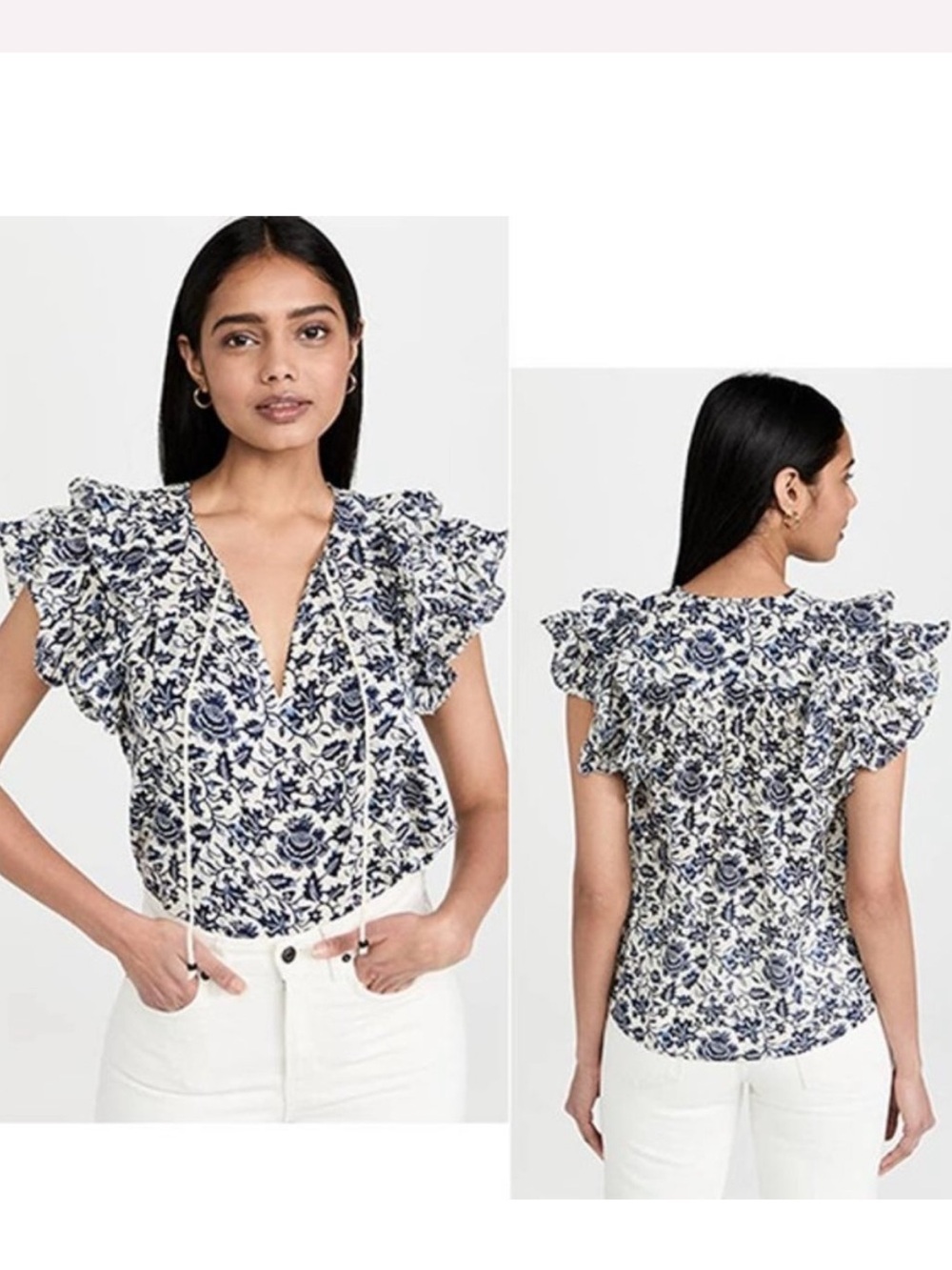 Anthropologie Love the Label Flutter Sleeve Floral  Blue Cotton Blouse Top Large